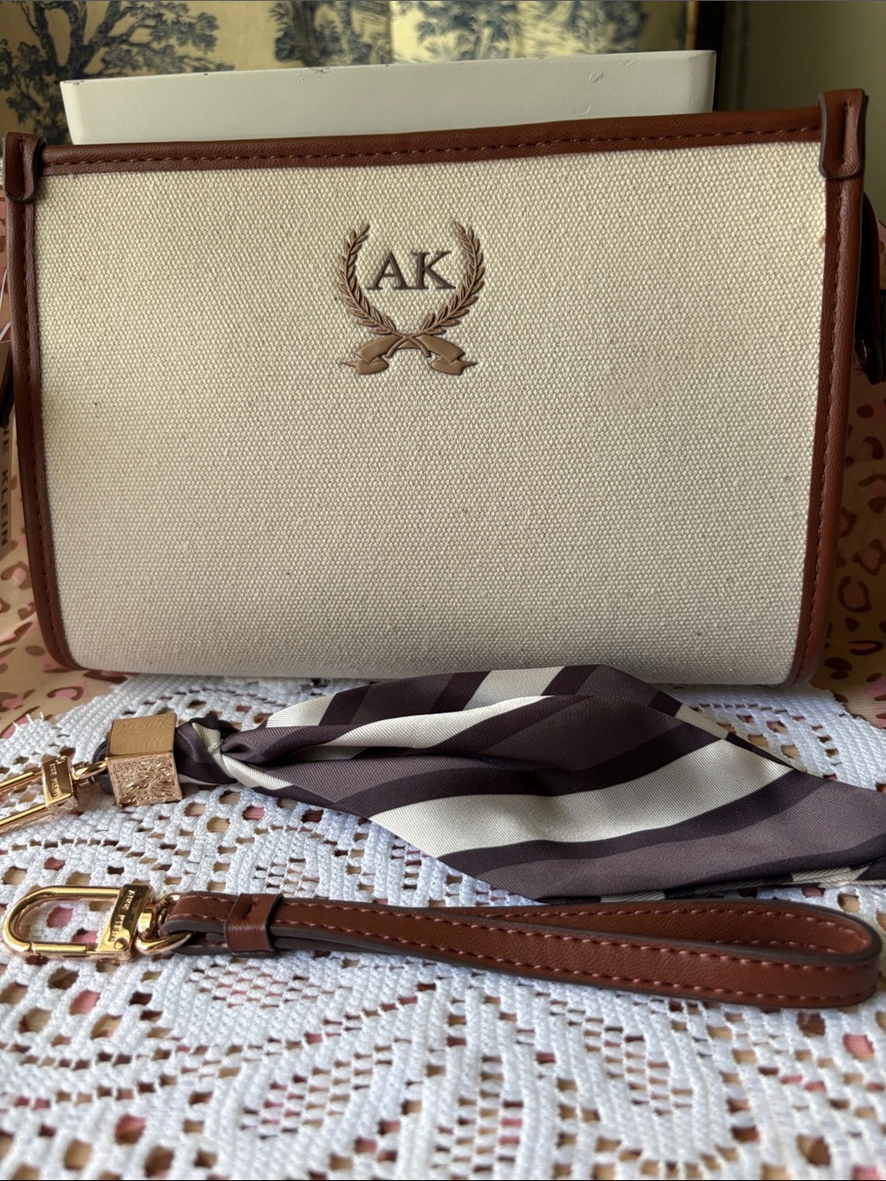 Anne Klein Embroidered Canvas Wristlet Clutch in Beige and Brown